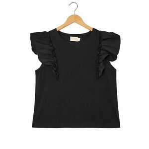 Nation LTD Paulette Black Ruffle Sleeve Top Soft Knit Casual Chic